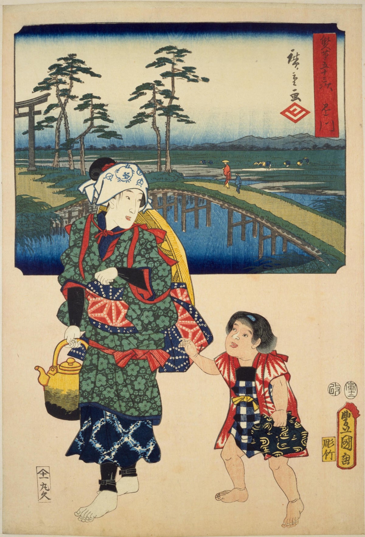Fifty-three Stations by Two Brushes: Kakegawa by Utagawa Hiroshige & Utagawa Kunisada — A barefoot woman with a brass kettle walks beside a small child
