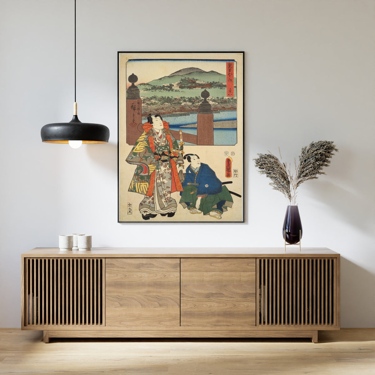 Fifty-three Stations by Two Brushes: Kyoto (Keishi) by Utagawa Hiroshige & Utagawa Kunisada — framed above a slatted wood sideboard