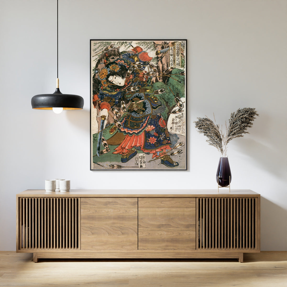 108 Heroes of the Suikoden: Ichijōsei Kosanjō by Utagawa Kuniyoshi — shown framed on a wall