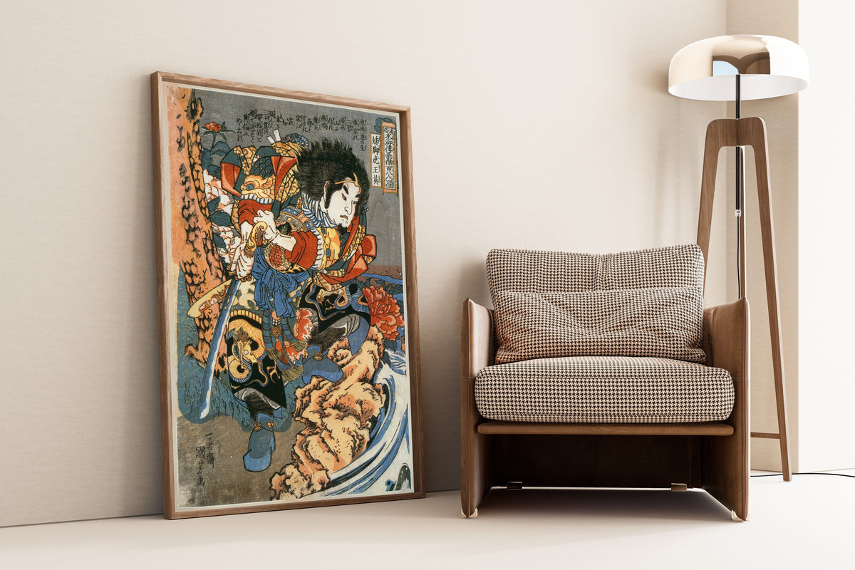 108 Heroes of the Suikoden: Waikyakuko Ōei (left panel) by Utagawa Kuniyoshi — shown framed on a wall