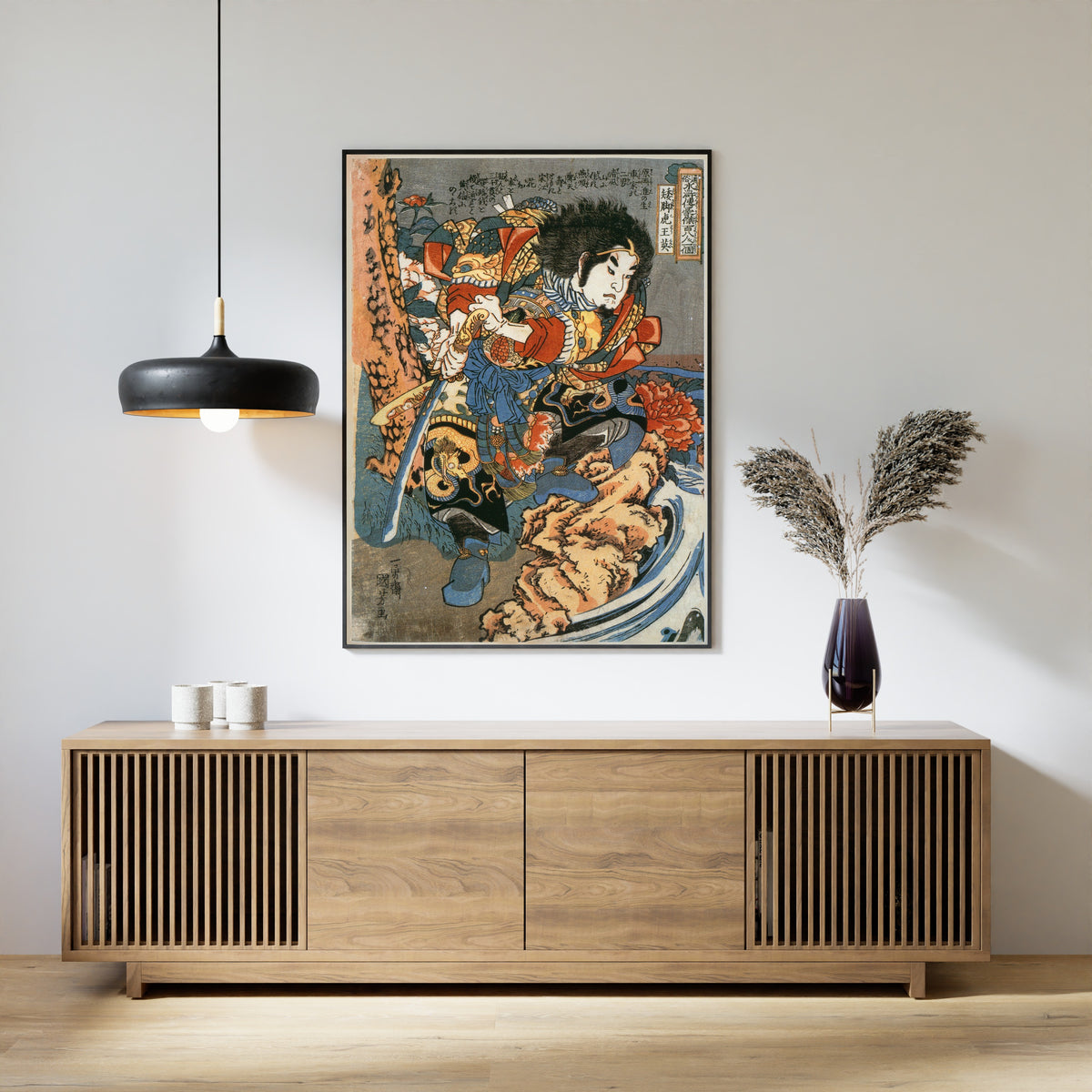 108 Heroes of the Suikoden: Waikyakuko Ōei (left panel) by Utagawa Kuniyoshi — shown framed on a wall