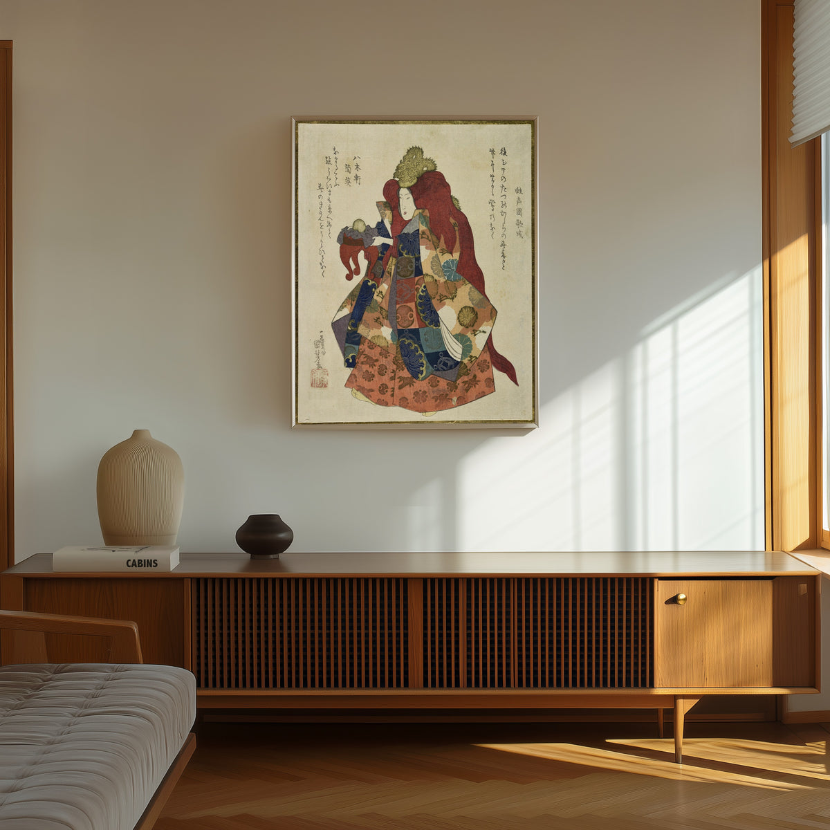 Framed art print of Ryūjin (Dragon King) by Utagawa Kuniyoshi, in a thin light frame on a sunlit wall above a wooden sideboard