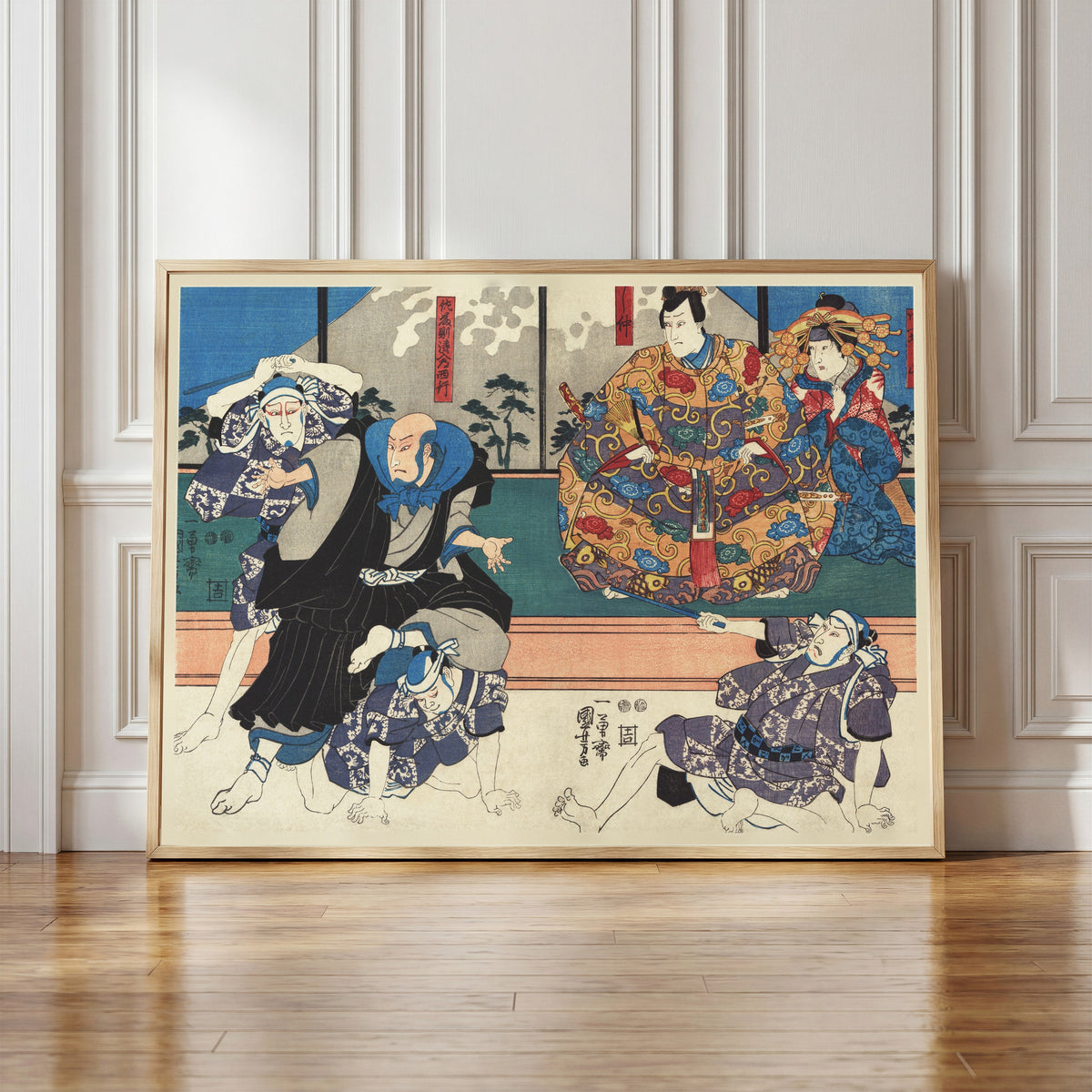 Framed art print of Satō Norikiyo Nyūdō Saigyō by Utagawa Kuniyoshi, in a light wood frame leaning against a panelled white wall