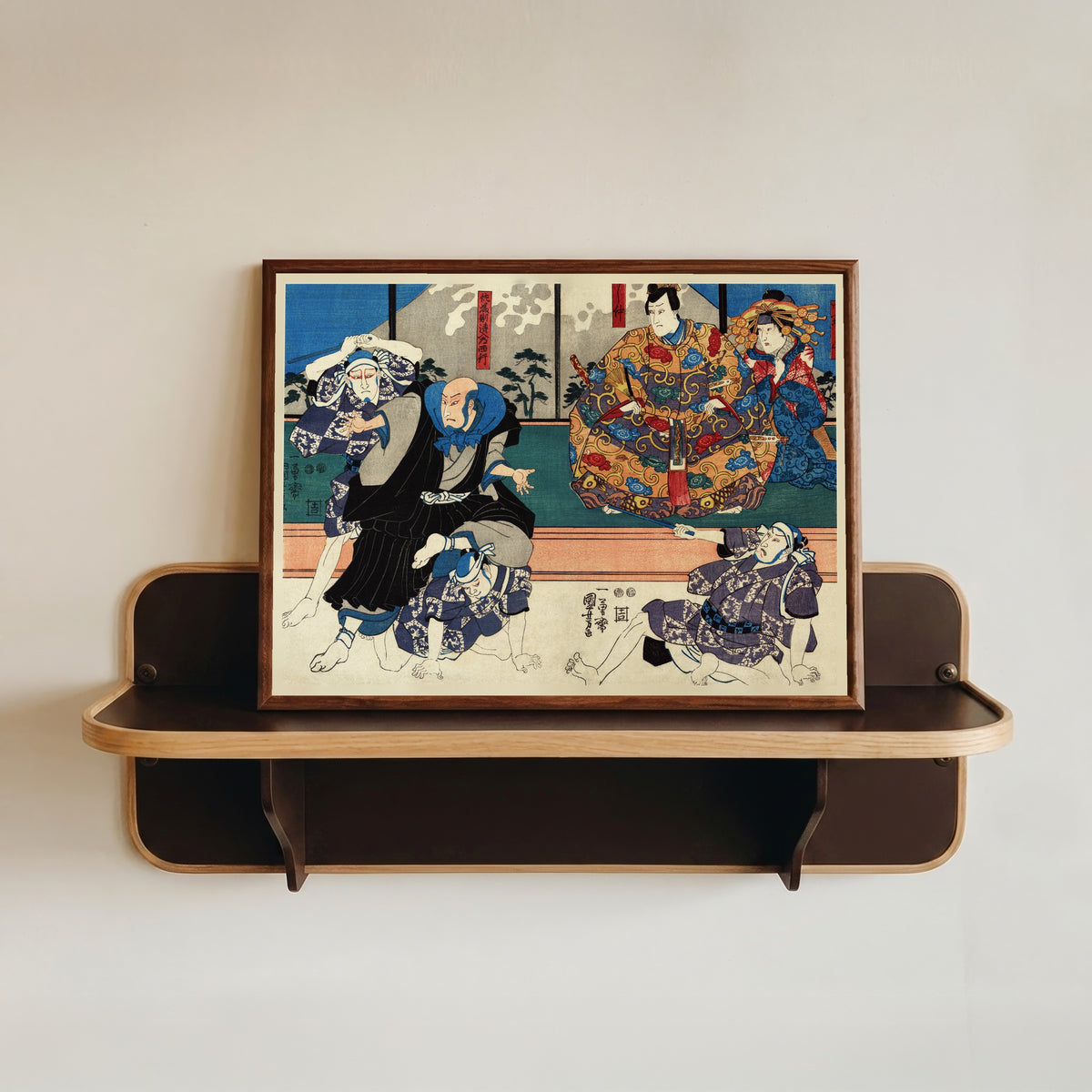 Framed art print of Satō Norikiyo Nyūdō Saigyō by Utagawa Kuniyoshi, in a dark wood frame resting on a wall shelf