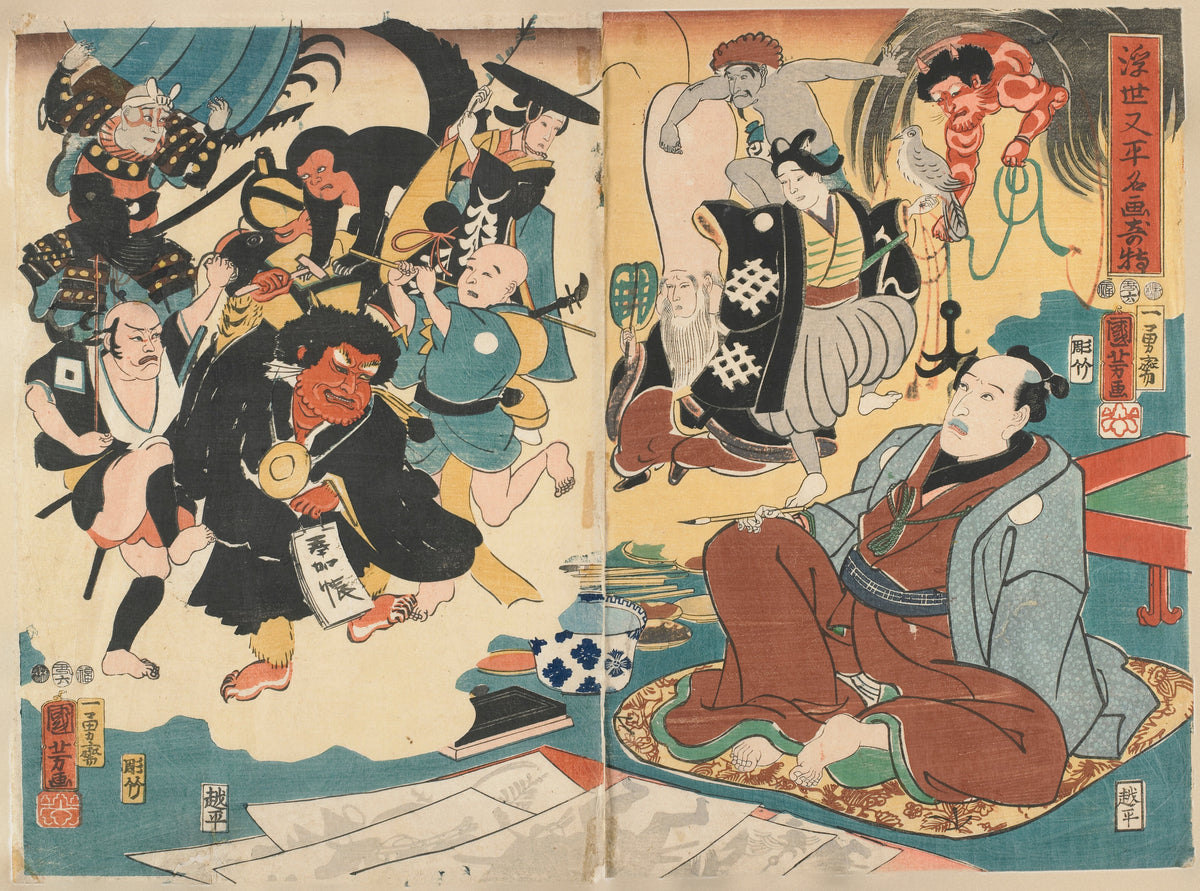 The Miracle of Famous Paintings by Ukiyo Matahei by Utagawa Kuniyoshi — Painted figures burst to life around an artist at his work