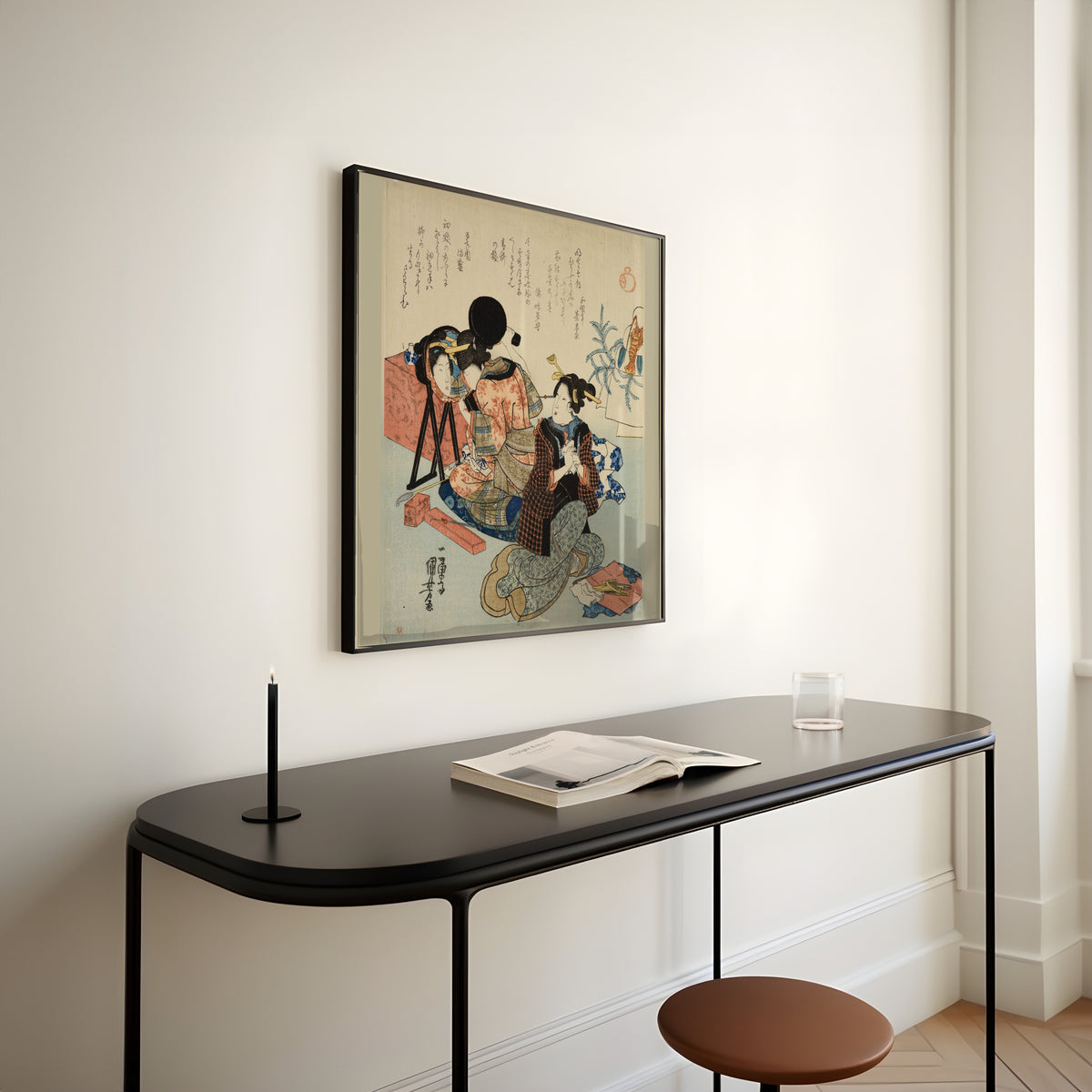 Two Women Back to Back, One with a Mirror by Utagawa Kuniyoshi — framed above a slim black console table