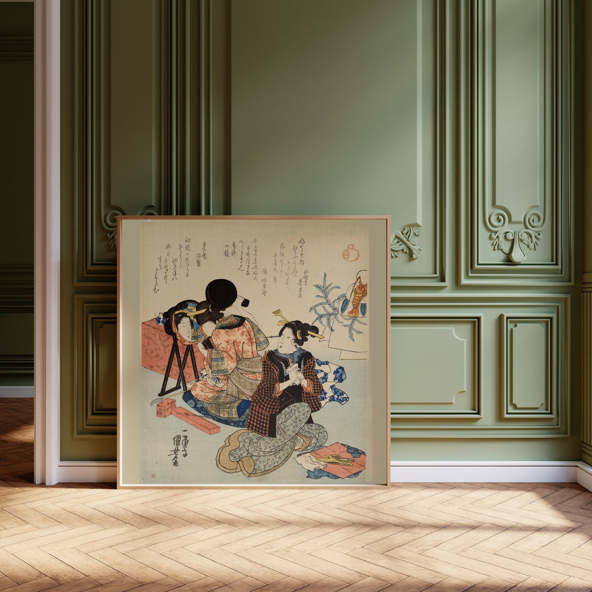 Two Women Back to Back, One with a Mirror by Utagawa Kuniyoshi — framed and leaning against olive-green panelling on a herringbone floor