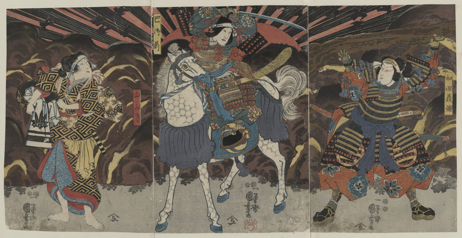 Utagawa Kuniyoshi — Wada Yoshimori, Tomoe Gozen and Yamabuki | Japanese Woodblock Print (Ukiyo-e) shown to scale on a wall above a sofa