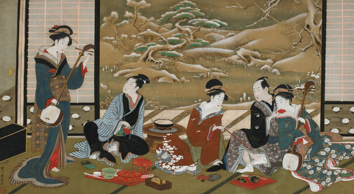 A Winter Party by Utagawa Toyoharu — Five figures share music and sake before a snow-covered screen