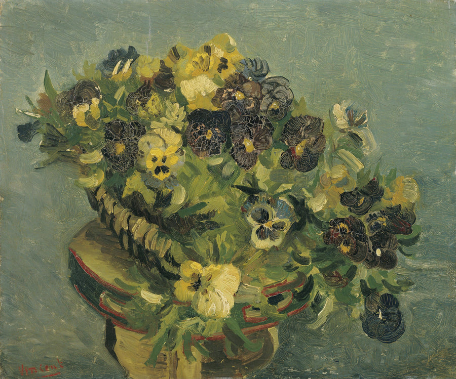 Vincent van Gogh — Basket of Pansies | Fine Art Print shown to scale on a wall above a sofa
