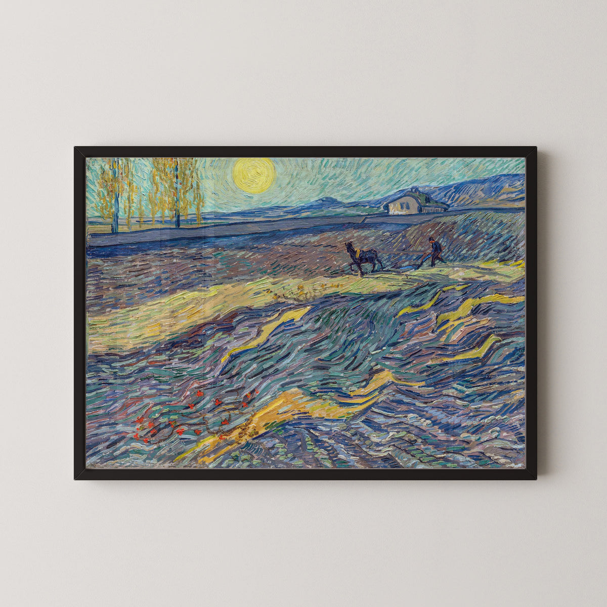Enclosed Field with Ploughman (Rising Sun) by Vincent van Gogh — shown framed on a wall