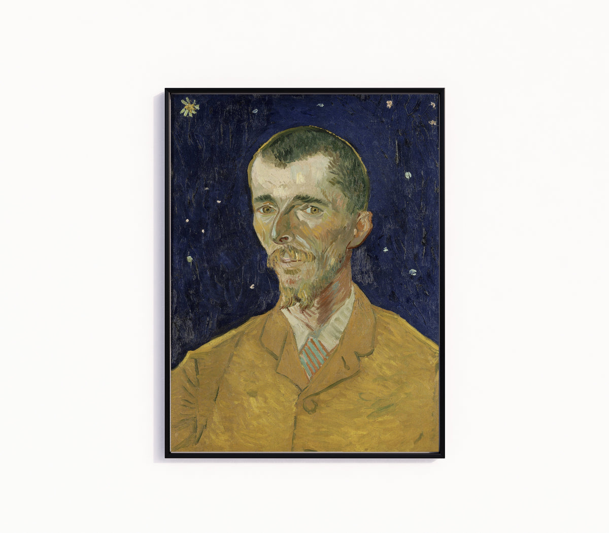 Framed art print of Eugène Boch (The Poet) by Vincent van Gogh, in a slim black frame on a plain white wall