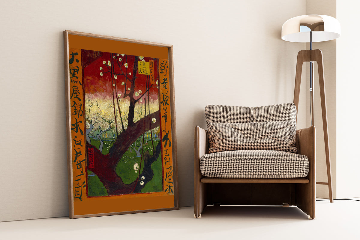 Flowering Plum Orchard (after Hiroshige) by Vincent van Gogh — framed and leaning against a wall beside an armchair and a floor lamp