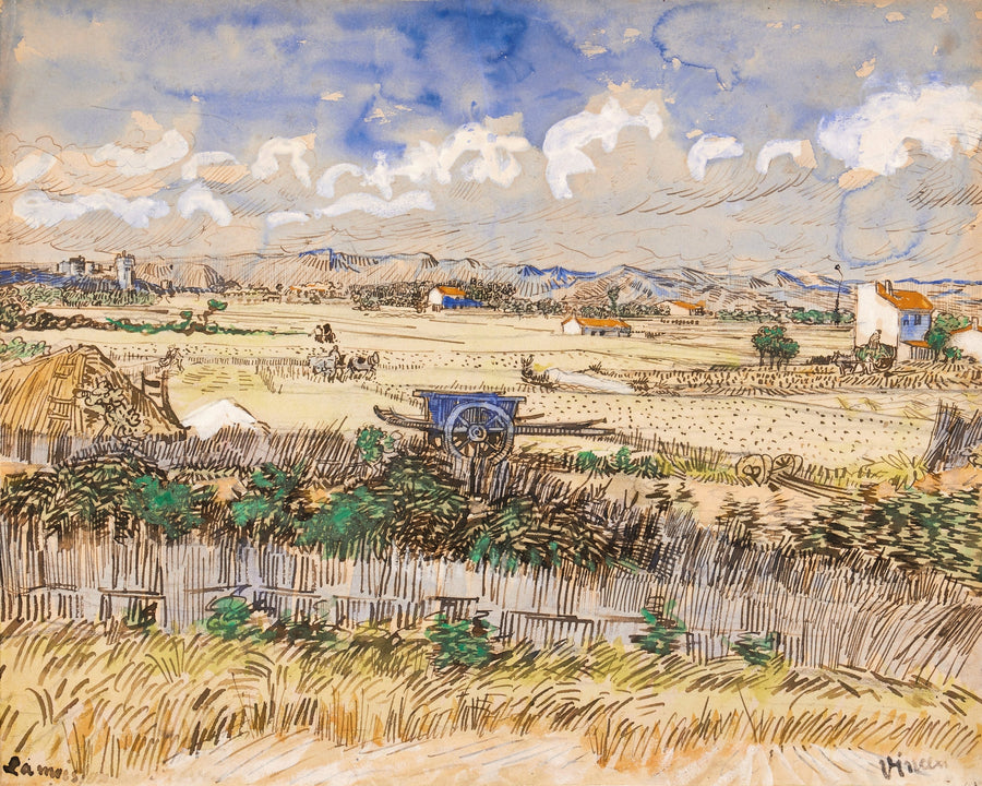 Vincent van Gogh — Harvest in Provence | Fine Art Print shown to scale on a wall above a sofa