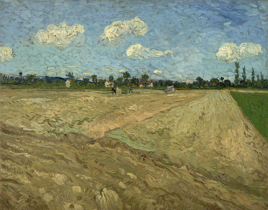 Vincent van Gogh — Ploughed Fields ('The Furrows') | Fine Art Print shown to scale on a wall above a sofa
