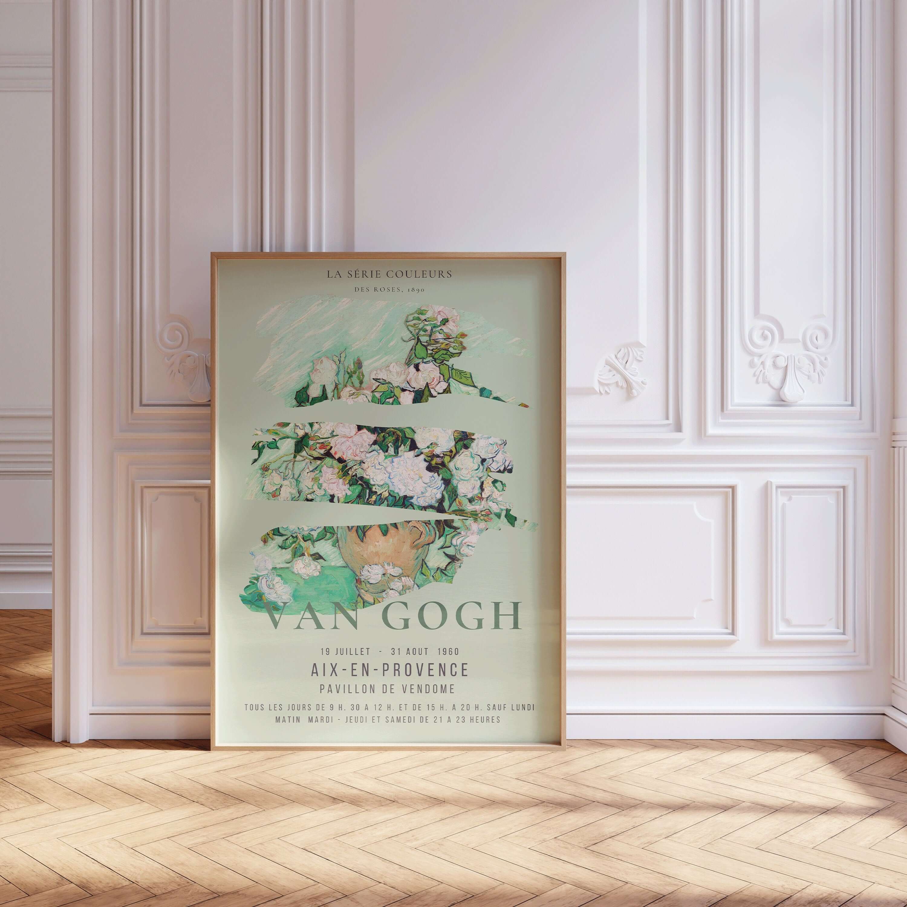 Vincent Van Gogh - Roses | Iconic Classic Impressionist Exhibition Poster Fine Art Print Mint Green (available framed or unframed) - 9ArtPrints