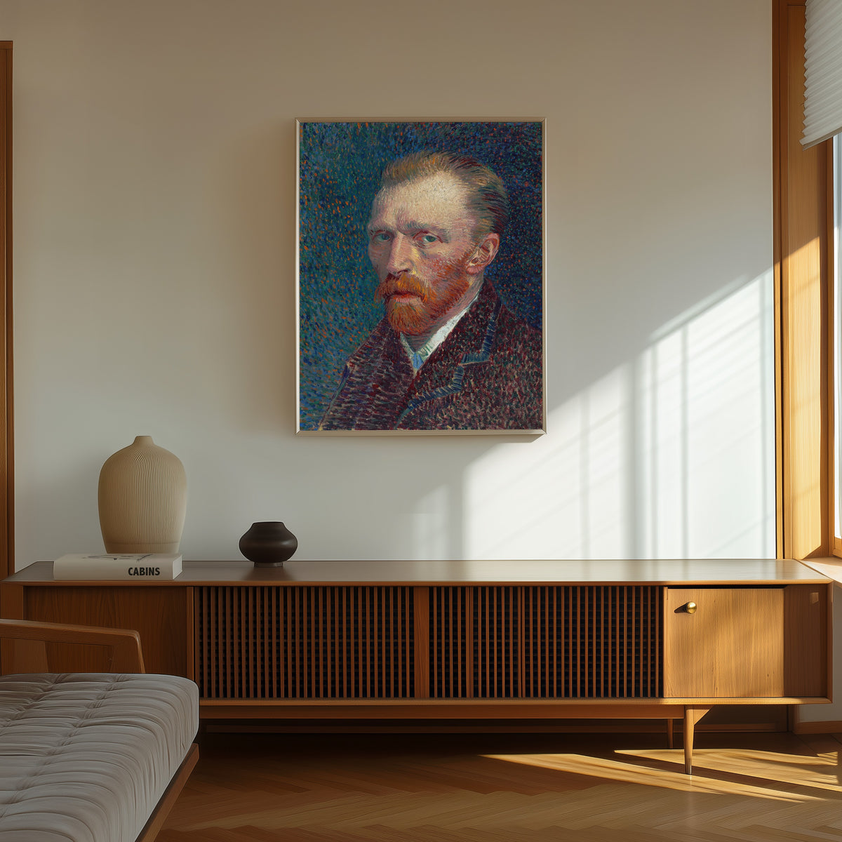 Framed art print of Self-Portrait by Vincent van Gogh, in a thin light frame on a sunlit wall above a wooden sideboard