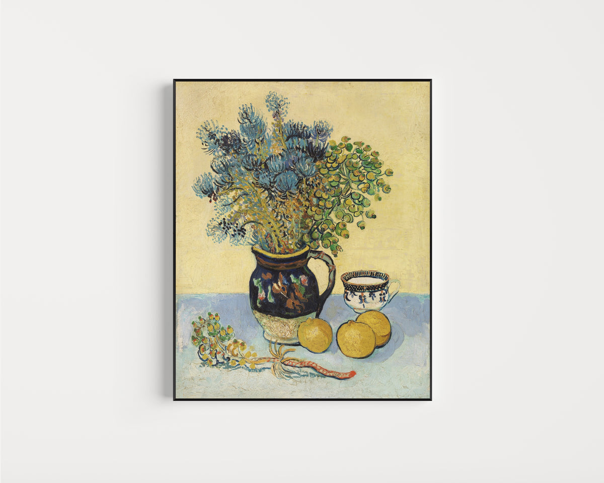 Framed art print of Still Life by Vincent van Gogh, in a slim black frame on a plain white wall