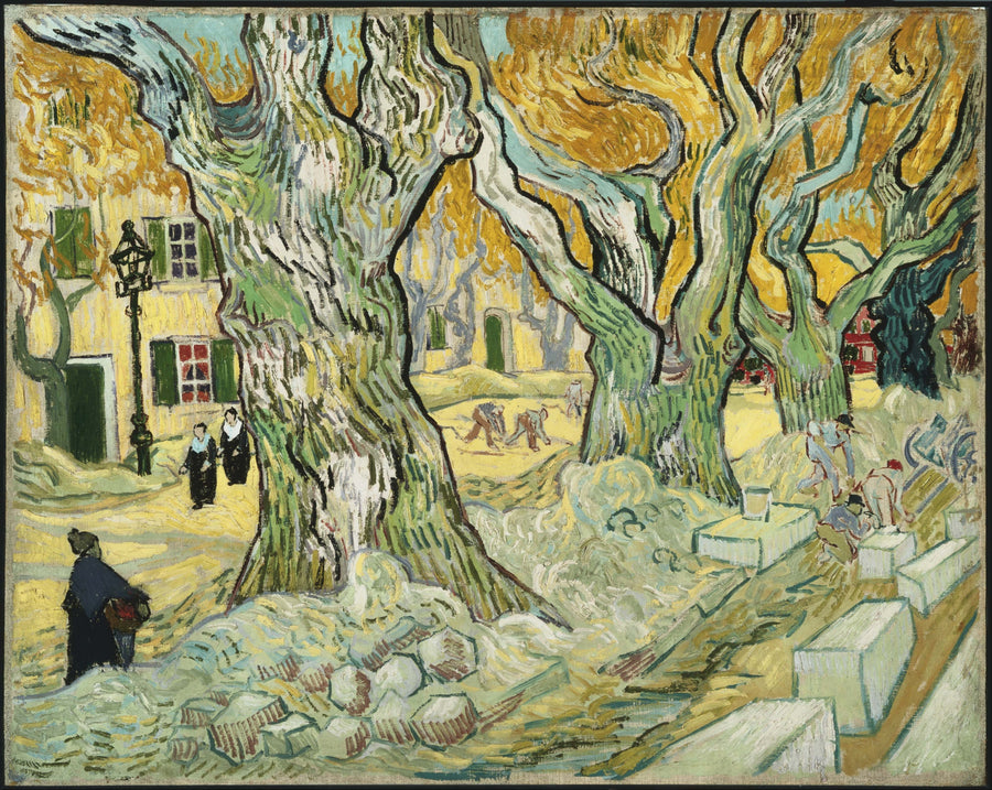 Vincent van Gogh — The Road Menders | Fine Art Print shown to scale on a wall above a sofa