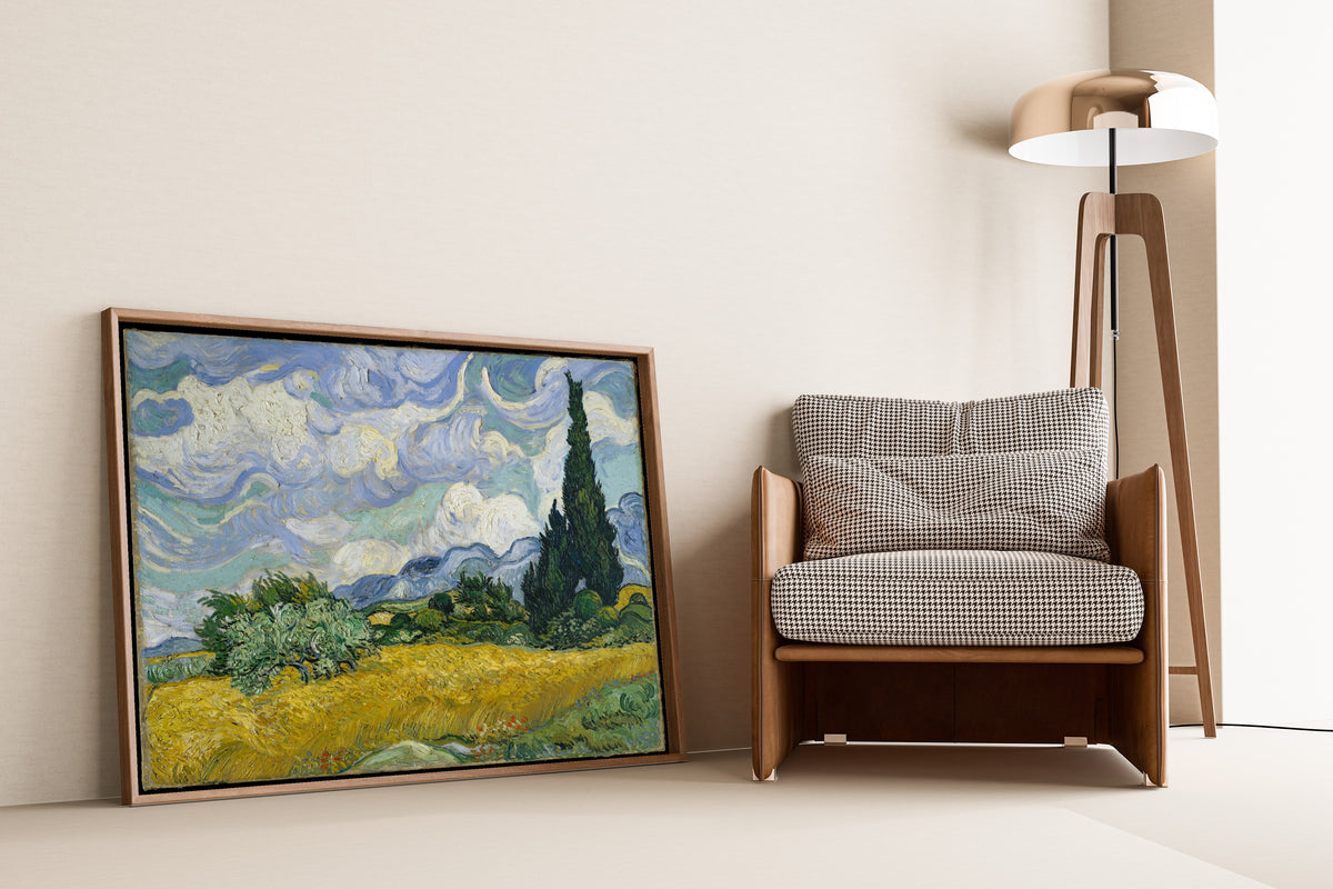 Wheat Field with Cypresses by Vincent van Gogh — shown framed on a wall