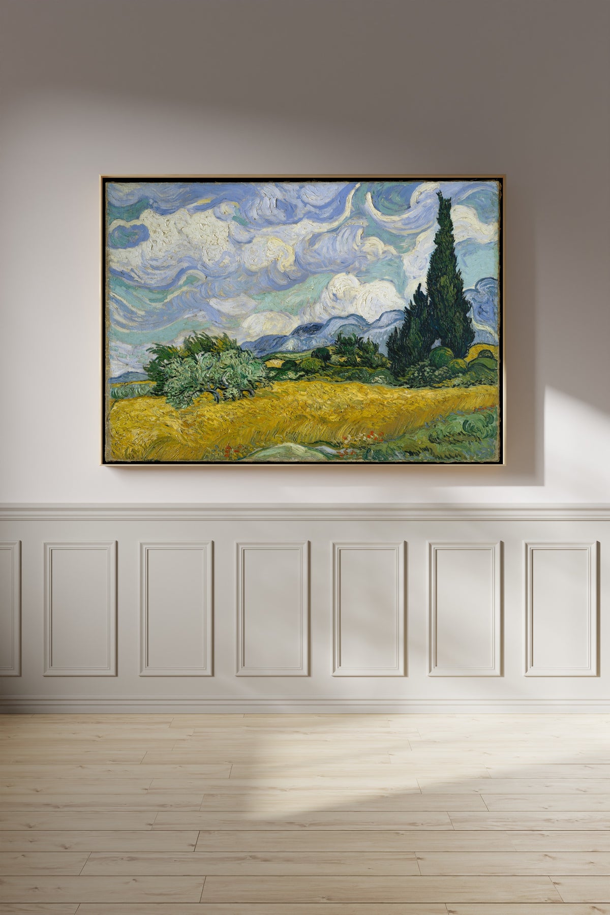 Wheat Field with Cypresses by Vincent van Gogh — shown framed on a wall