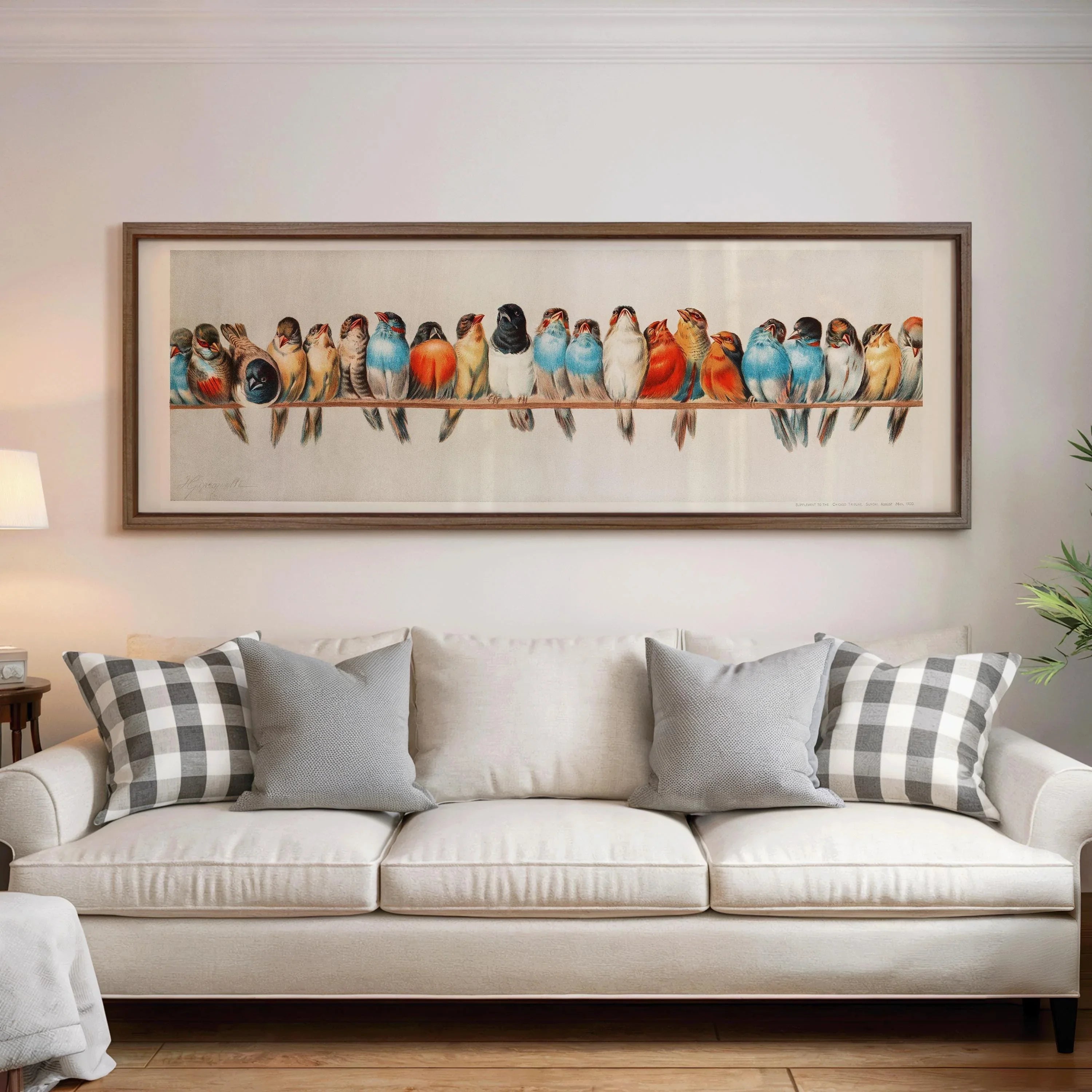 Vintage Bird Print: Colorful Birds on a Wire, Panoramic Artwork - 9ArtPrints