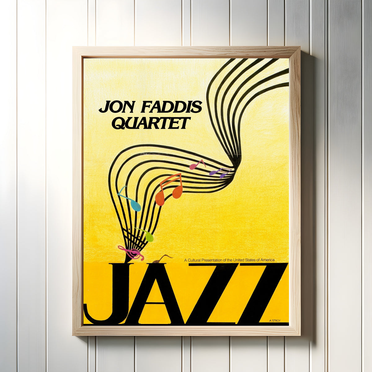 Framed art print of Jazz - Jon Faddis Quartet by USIA, in a light wood frame on a white panelled wall