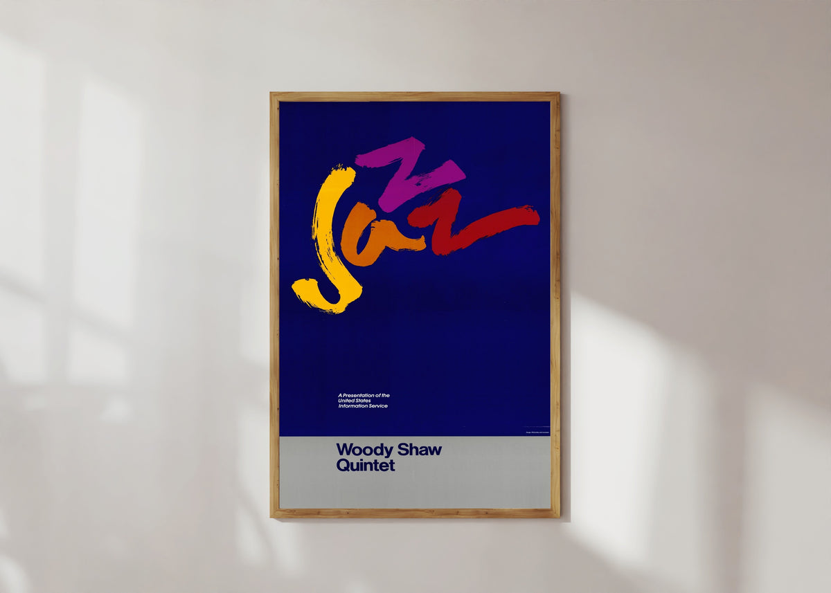 Framed art print of Jazz (Music Poster) by USIA, in a light wood frame on a sunlit white wall