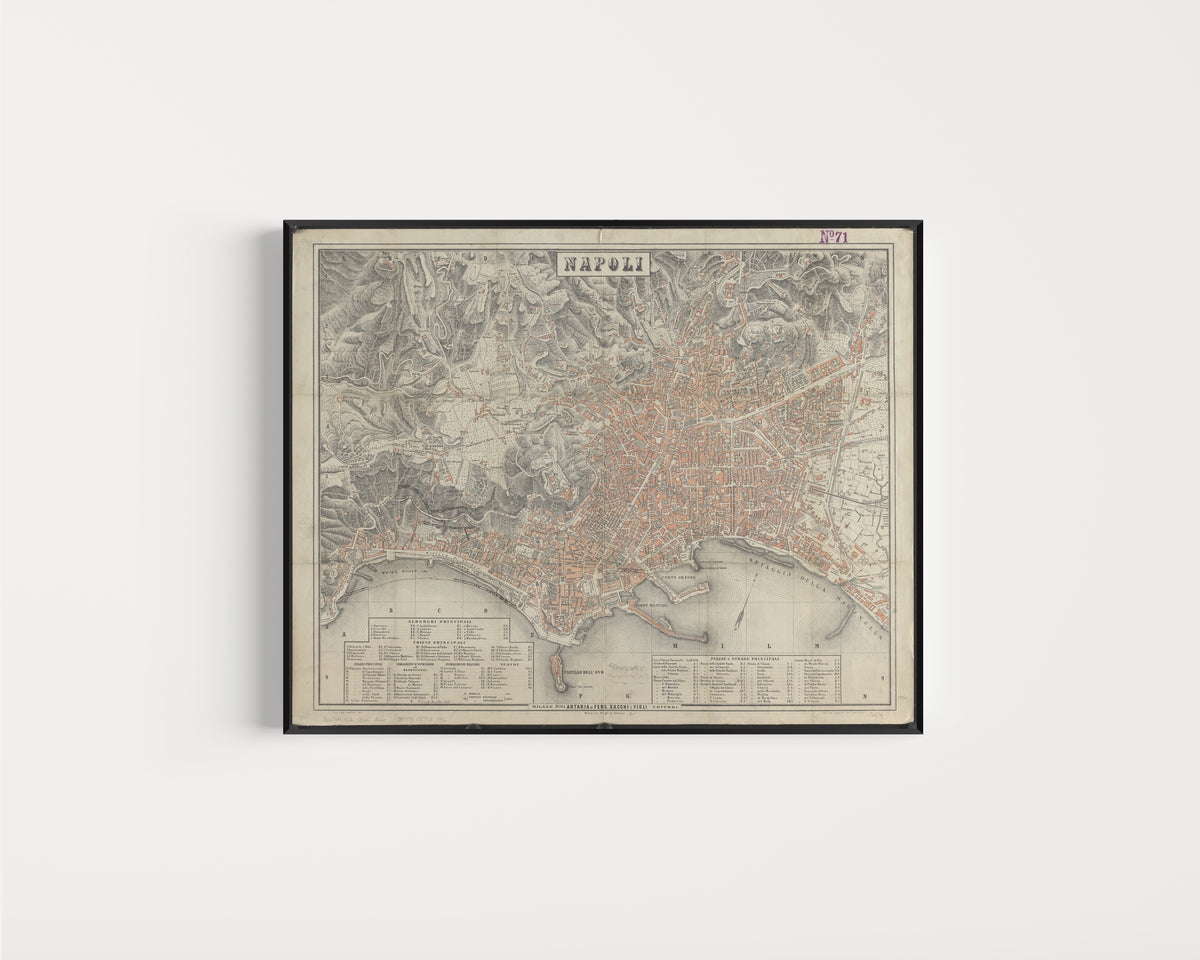 Framed art print of Map of Naples, in a slim black frame on a plain white wall