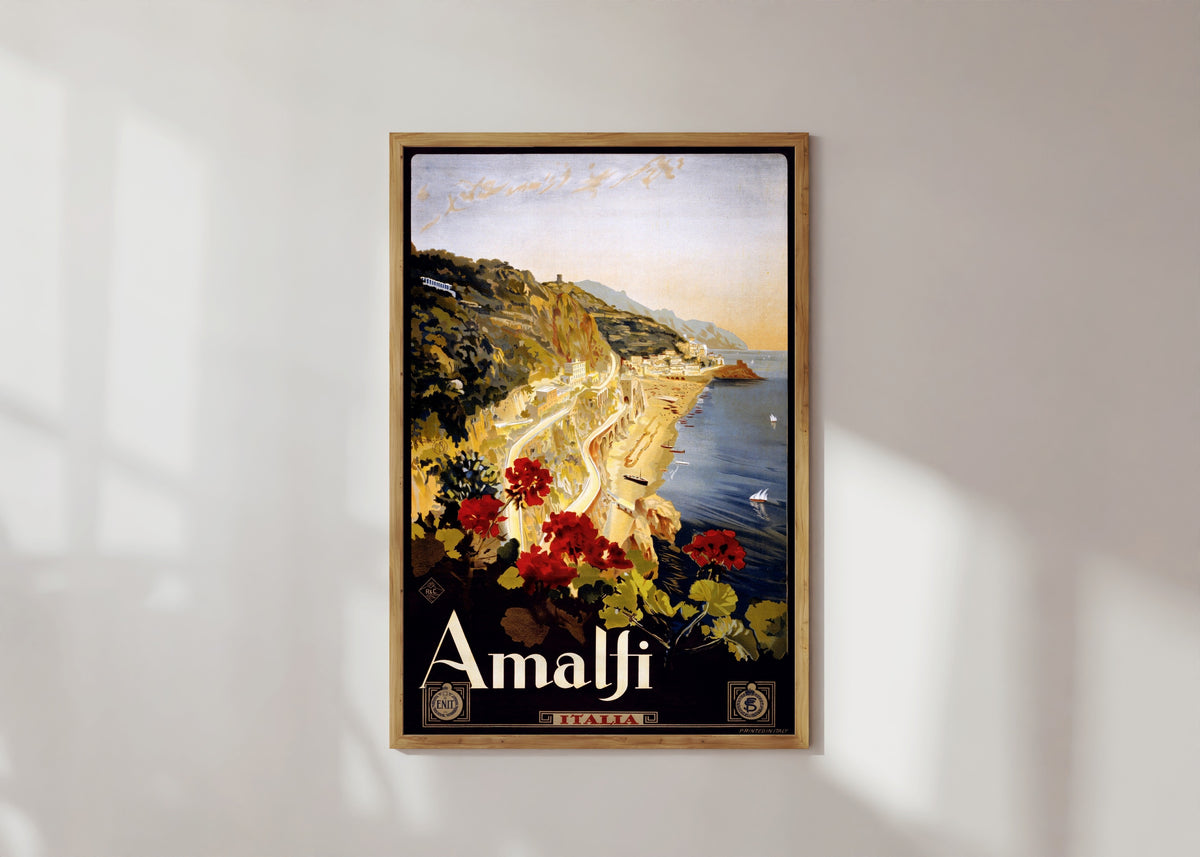 Framed art print of Italian Travel Poster Print, in a light wood frame on a sunlit white wall