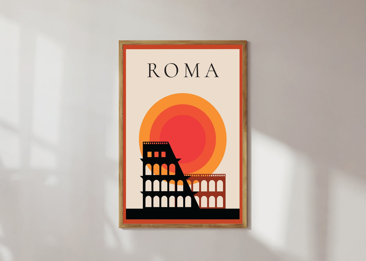 Framed art print of Italian Travel Poster Print, in a light wood frame on a sunlit white wall