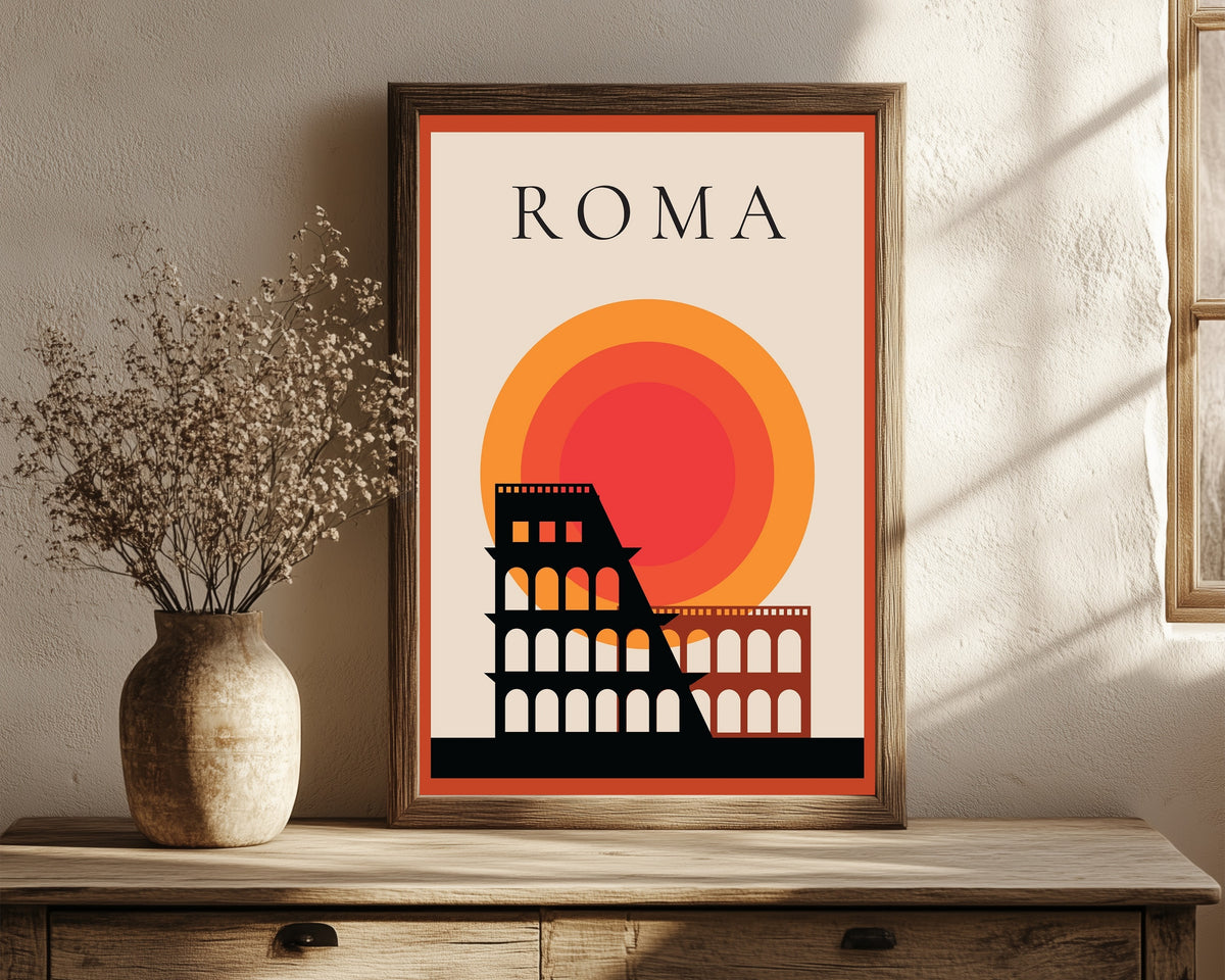 Framed art print of Italian Travel Poster Print, in a dark wood frame leaning on a rustic console beside dried flowers