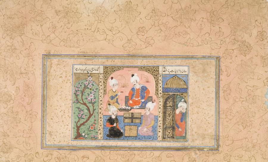 Vizier Buzurghmihr Showing the Game of Chess to King Khusraw Anushirwan | Ottoman Miniature Art Print shown to scale on a wall above a sofa