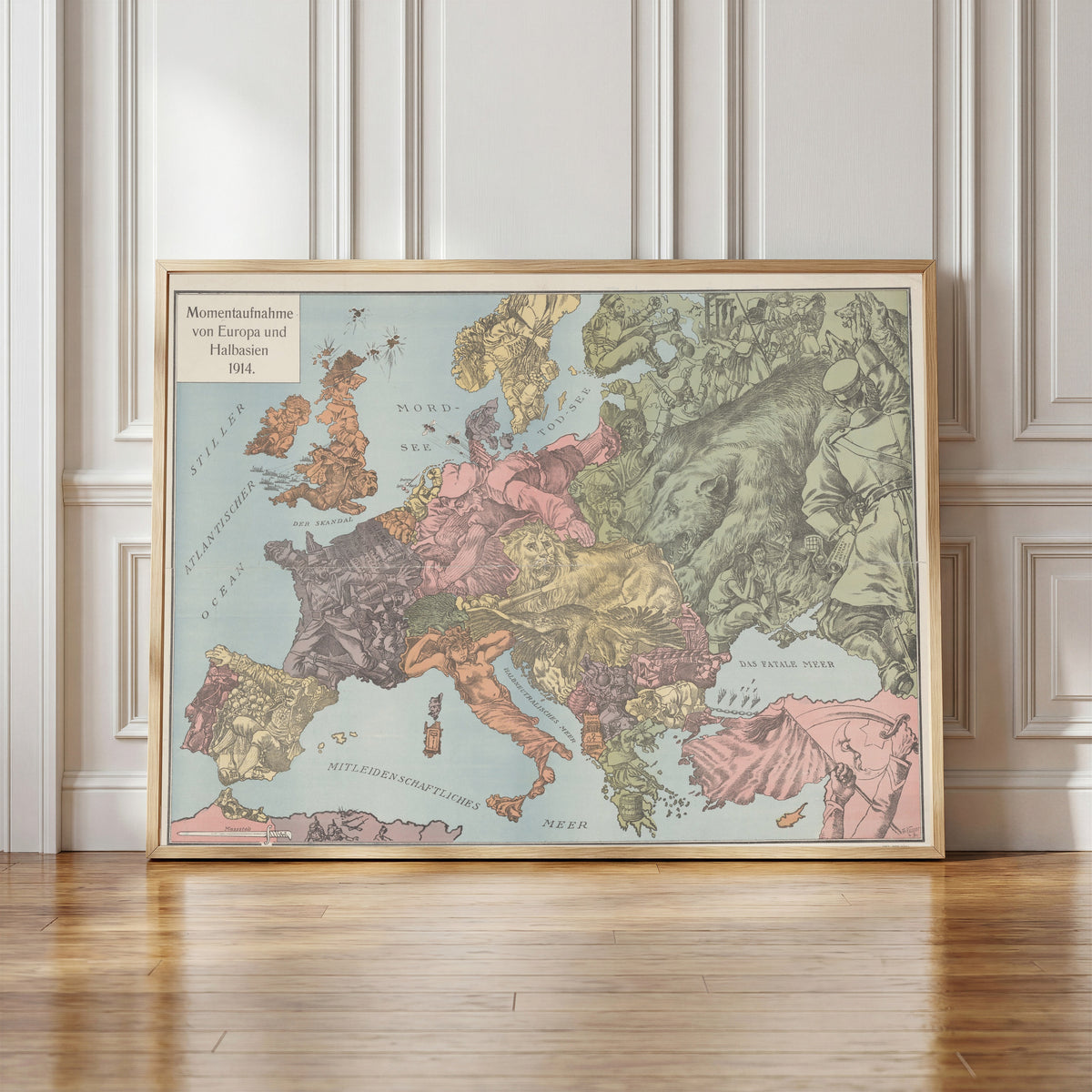 Framed art print of Momentaufnahme von Europa und Halbasien 1914 by W. Kaspar, in a light wood frame leaning against a panelled white wall