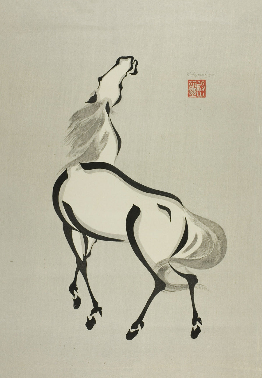 Wakyosai — Horse with Raised Head | Meiji Period Print shown to scale on a wall above a sofa