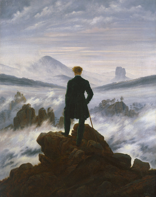 Wanderer Above the Sea of Fog by Caspar David Friedrich — A lone figure on a dark crag gazes over a sea of fog and far peaks