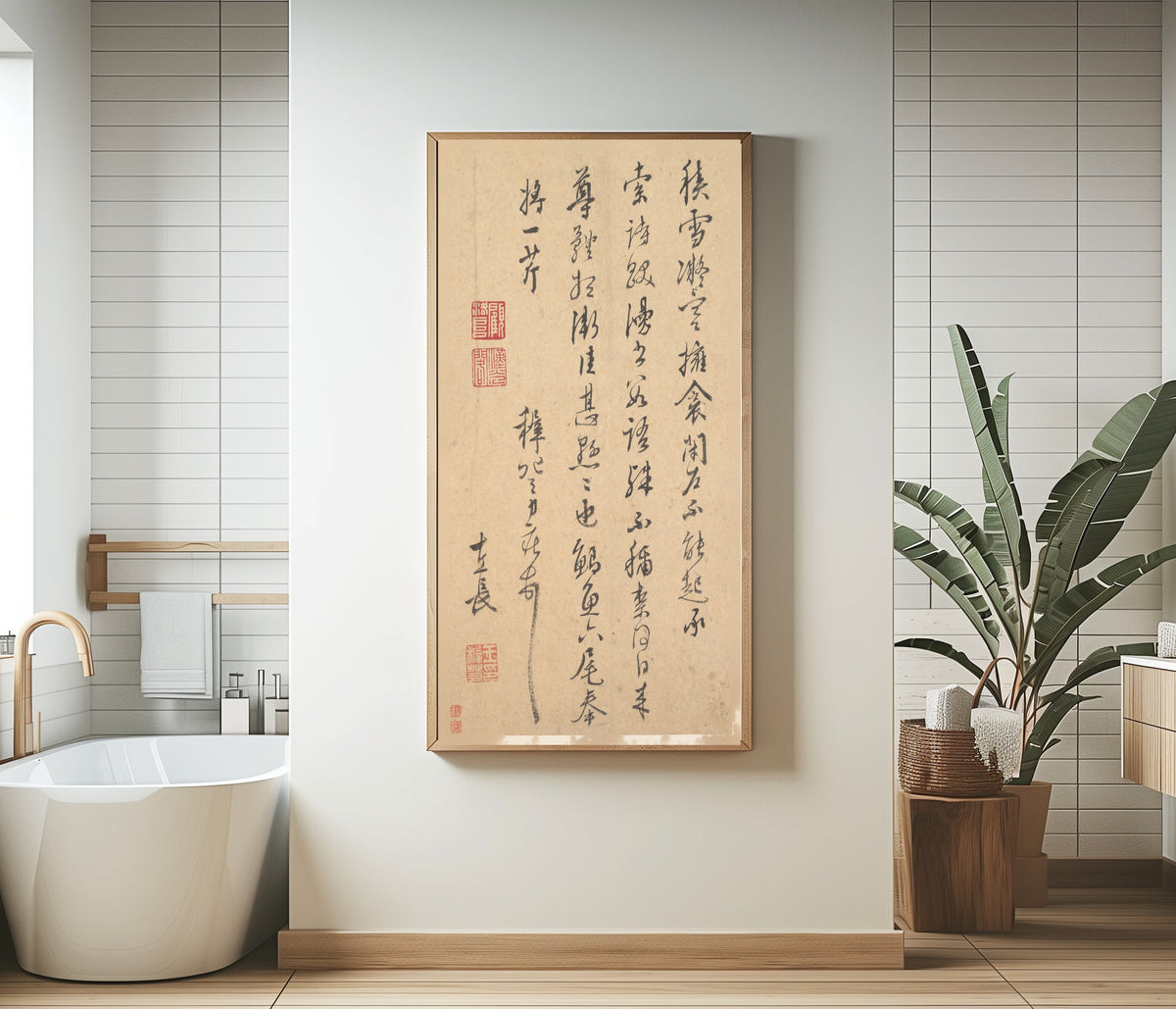 Letter by Wang Zhideng — framed in a bathroom beside a freestanding tub