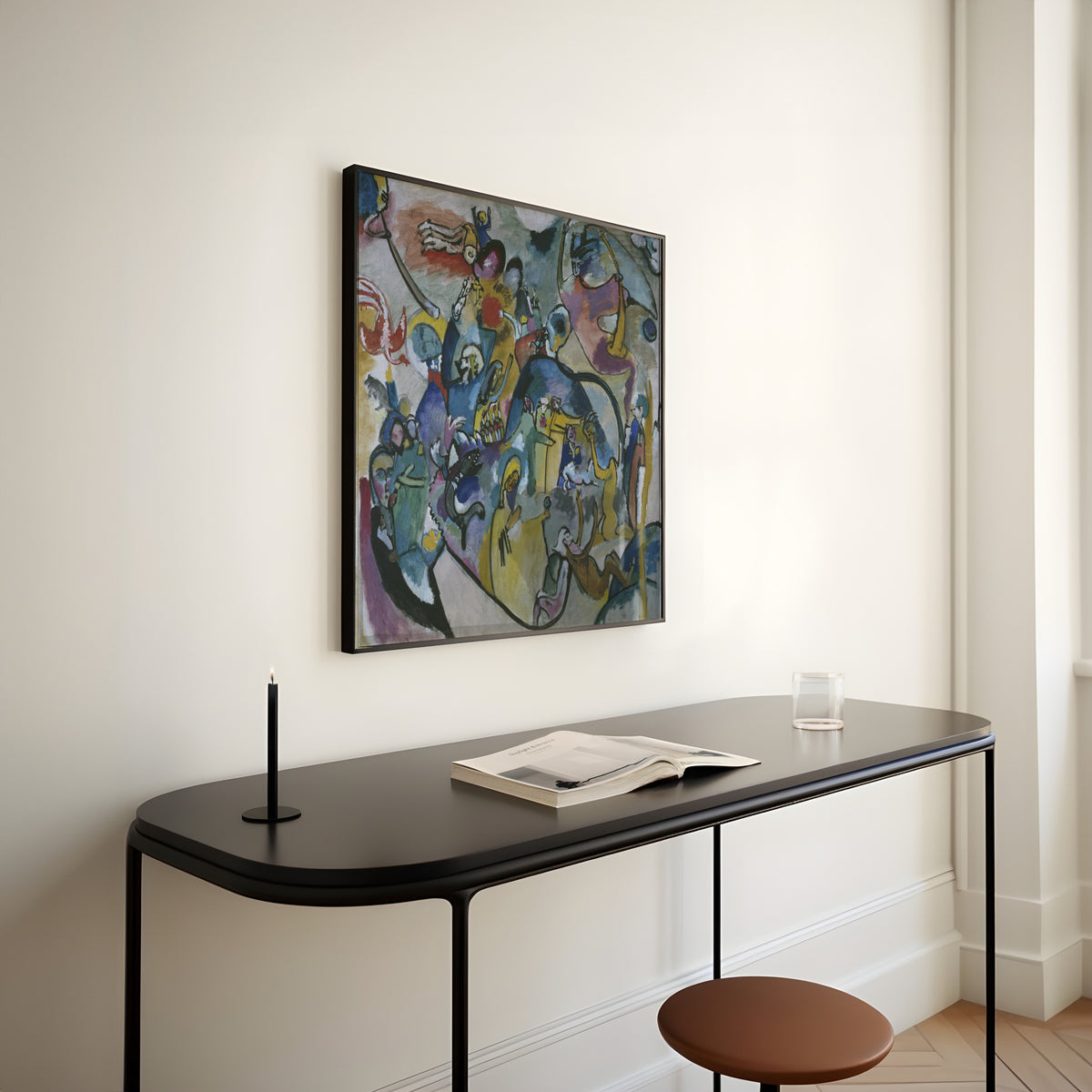 All Saints II by Wassily Kandinsky — framed above a slim black console table
