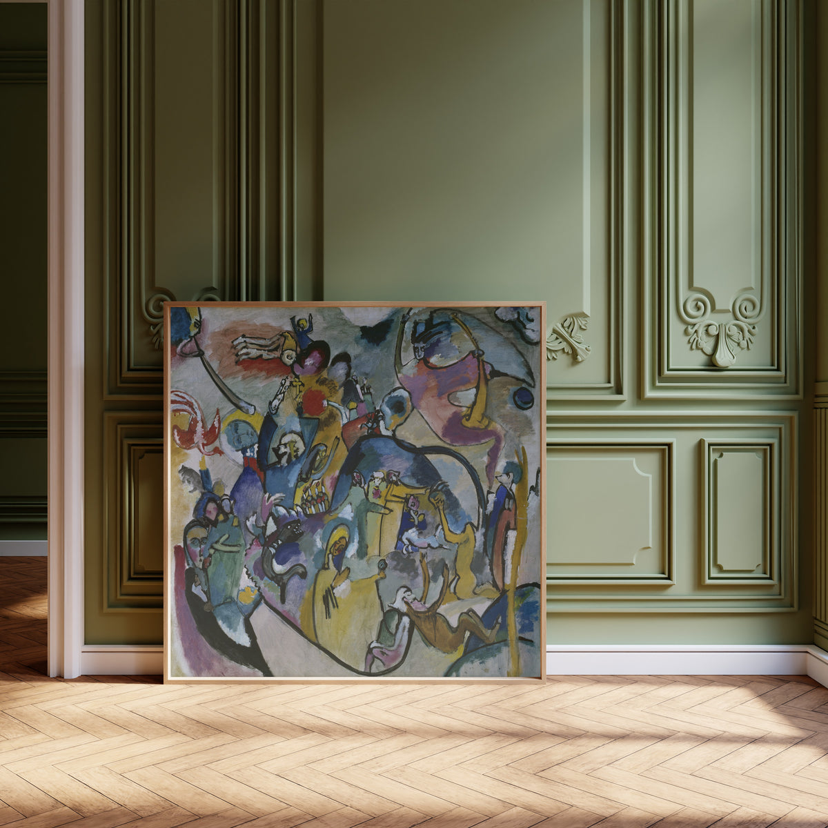 All Saints II by Wassily Kandinsky — framed and leaning against olive-green panelling on a herringbone floor