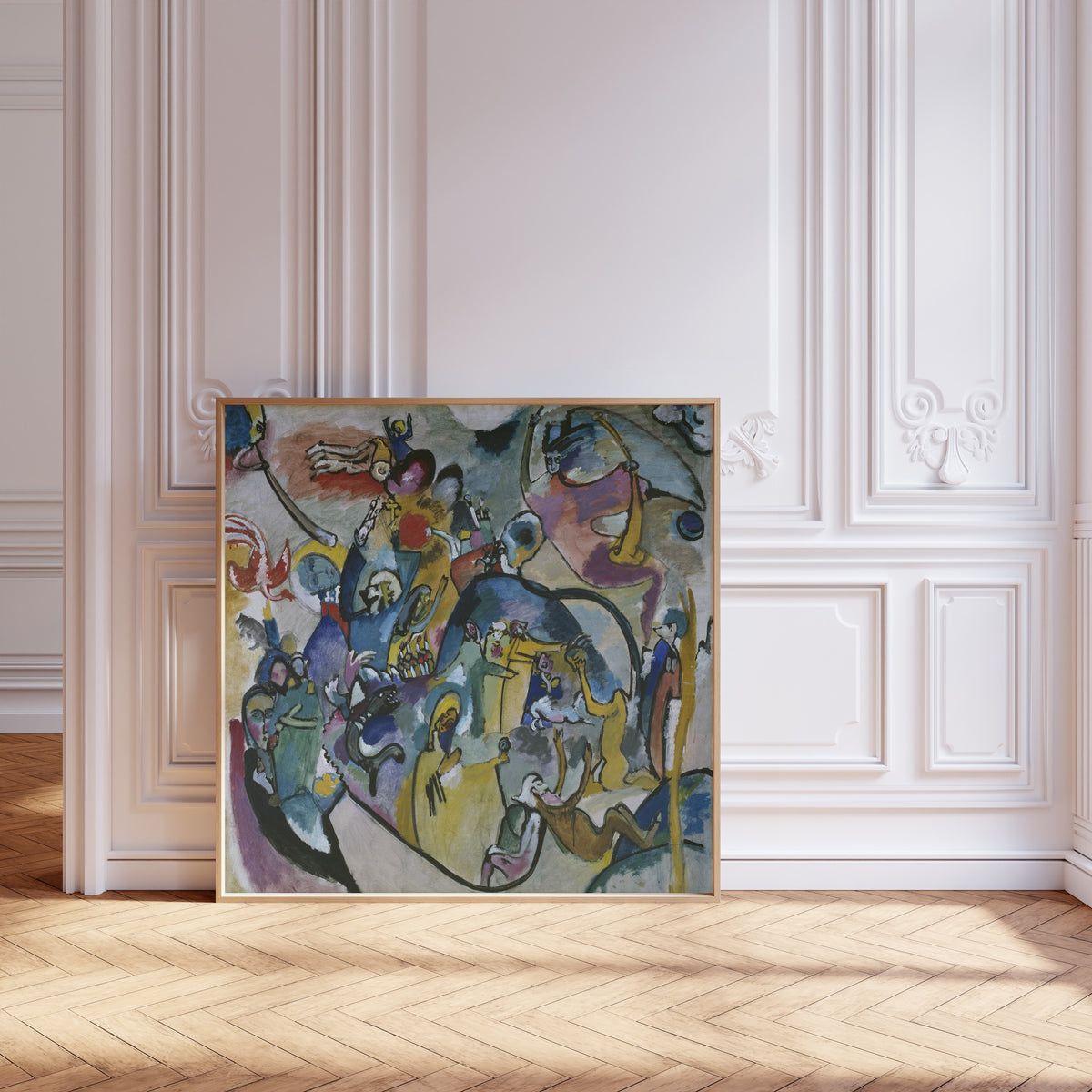 All Saints II by Wassily Kandinsky — framed and leaning against pale pink panelling on a herringbone floor