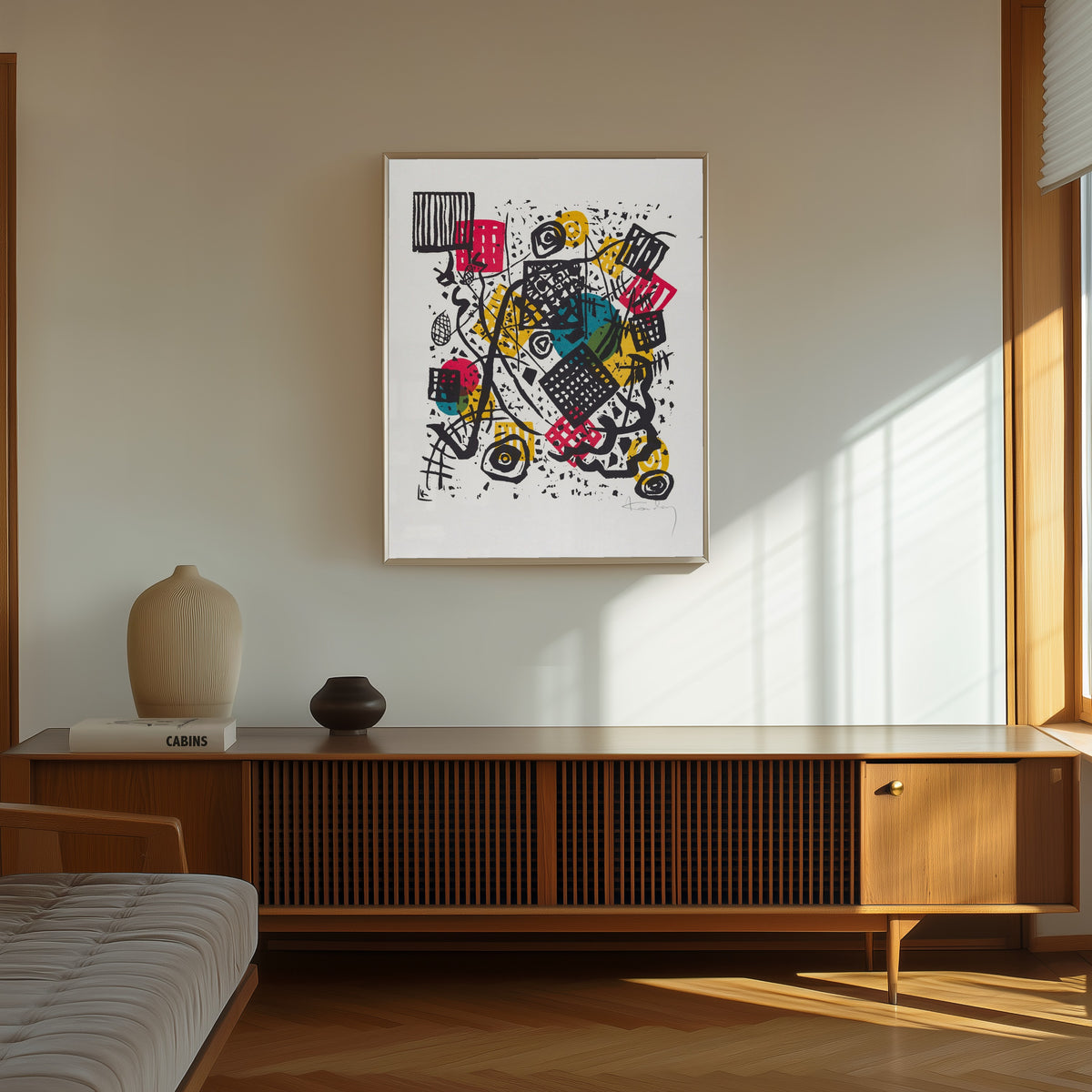 Framed art print of Small Worlds V by Wassily Kandinsky, in a thin light frame on a sunlit wall above a wooden sideboard