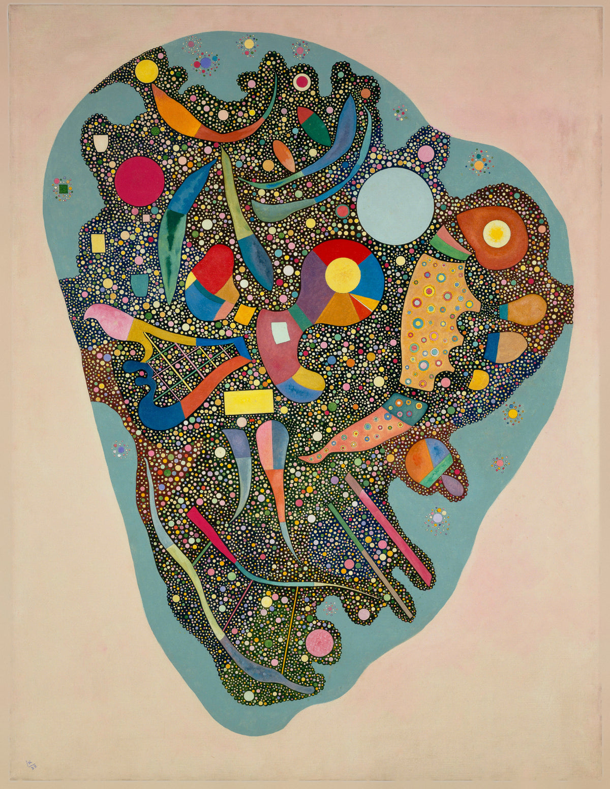 Regulated Heap by Wassily Kandinsky — A biomorphic field of dots and shapes floats on pale pink