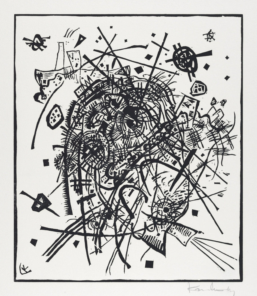Wassily Kandinsky — Small Worlds VIII (1922) | Bauhaus Abstract Fine Art Print (1×1) shown to scale on a wall above a sofa