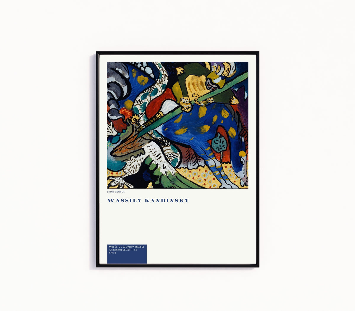 Framed art print of St. George by Wassily Kandinsky, in a slim black frame on a plain white wall