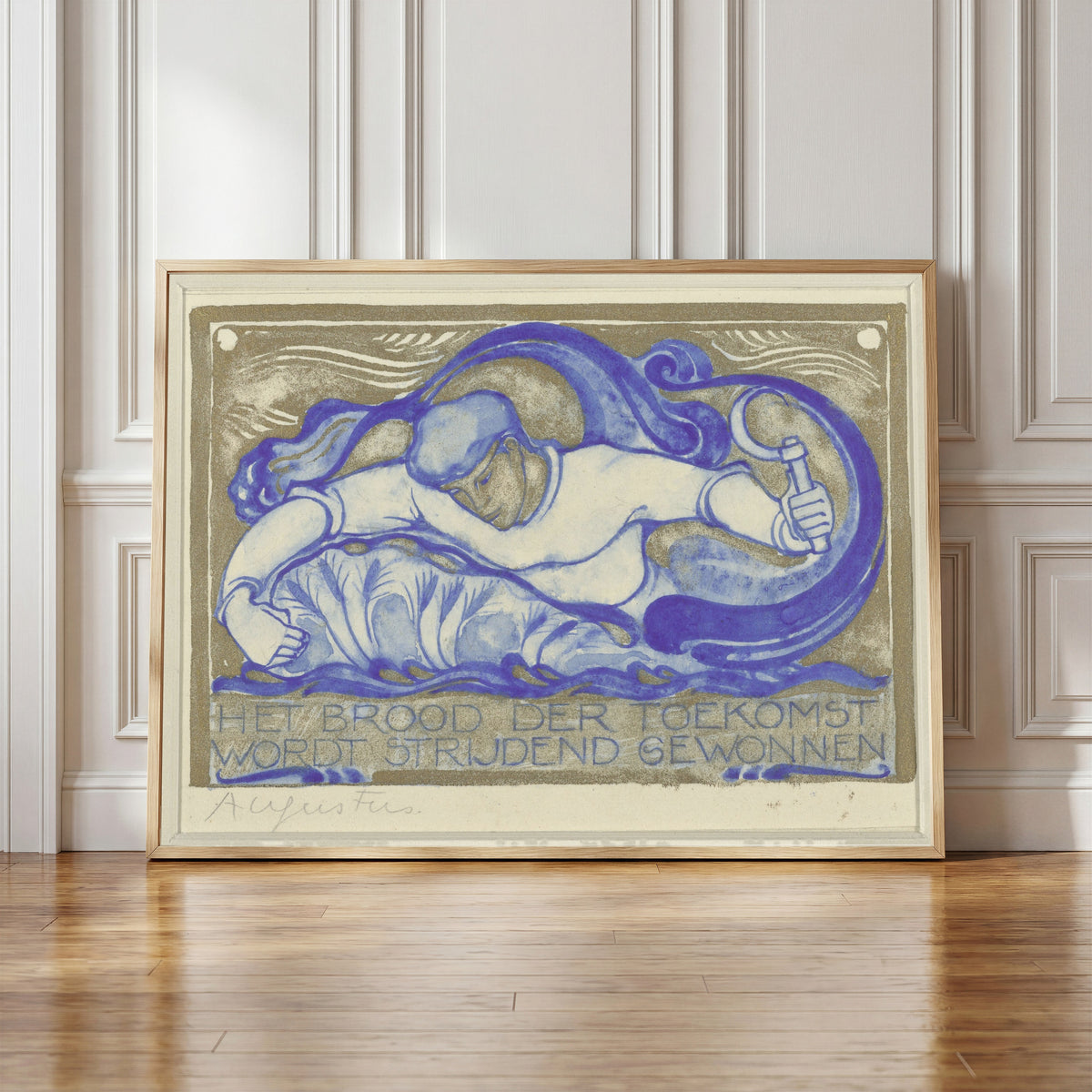 Framed art print of Het brood der toekomst wordt strijdend gewonnen, augustus… by Willem Arondéus, in a light wood frame leaning against a panelled white wall