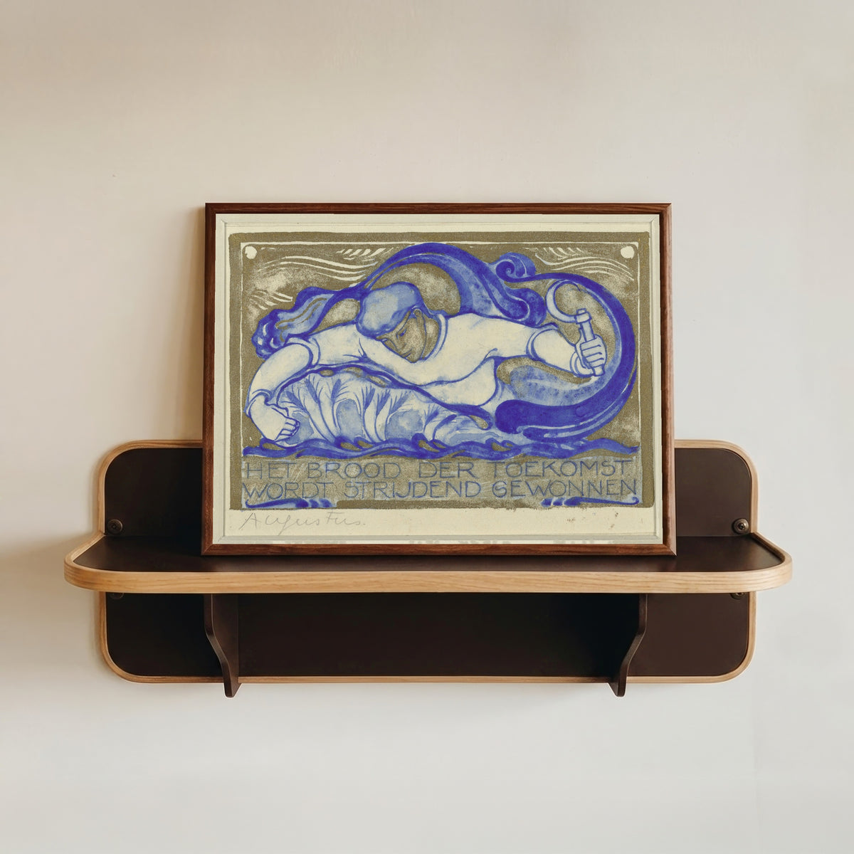Framed art print of Het brood der toekomst wordt strijdend gewonnen, augustus [The bread of… by Willem Arondéus, in a dark wood frame resting on a wall shelf