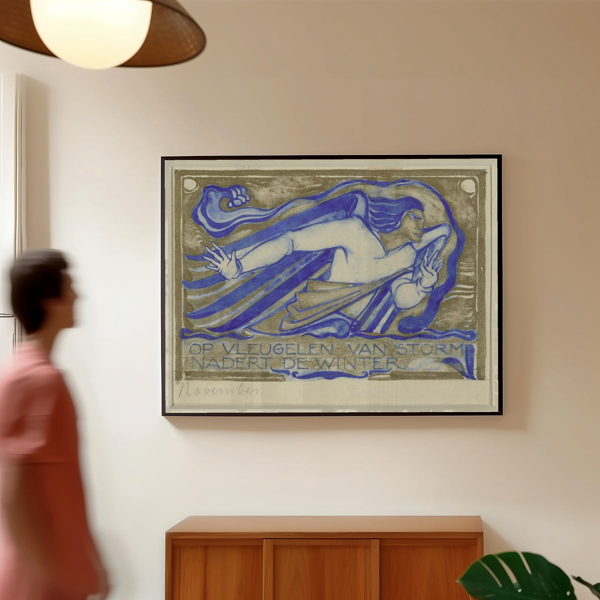 Framed art print of Op vleugelen van storm nadert de winter, november [On wings of… by Willem Arondéus, in a slim black frame on a warm wall in a sunlit room