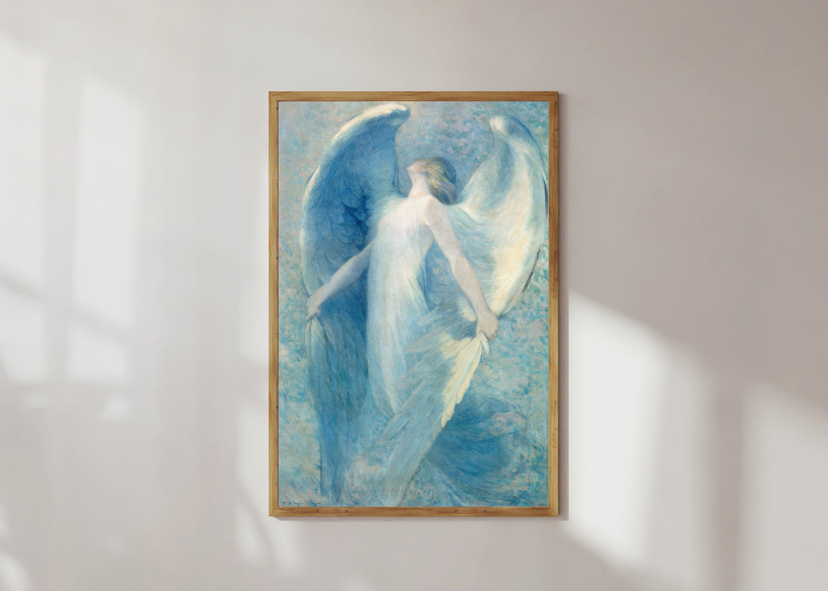 Framed art print of The Angel by William Baxter Closson, in a light wood frame on a sunlit white wall