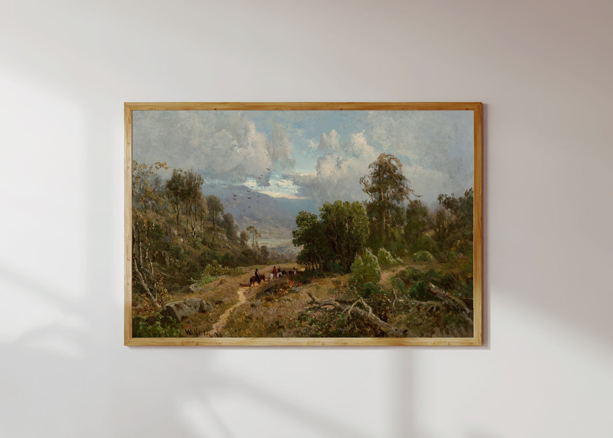 Framed art print of Scene in Russian River Valley, Sonoma, California by William Keith, in a light wood frame on a sunlit white wall