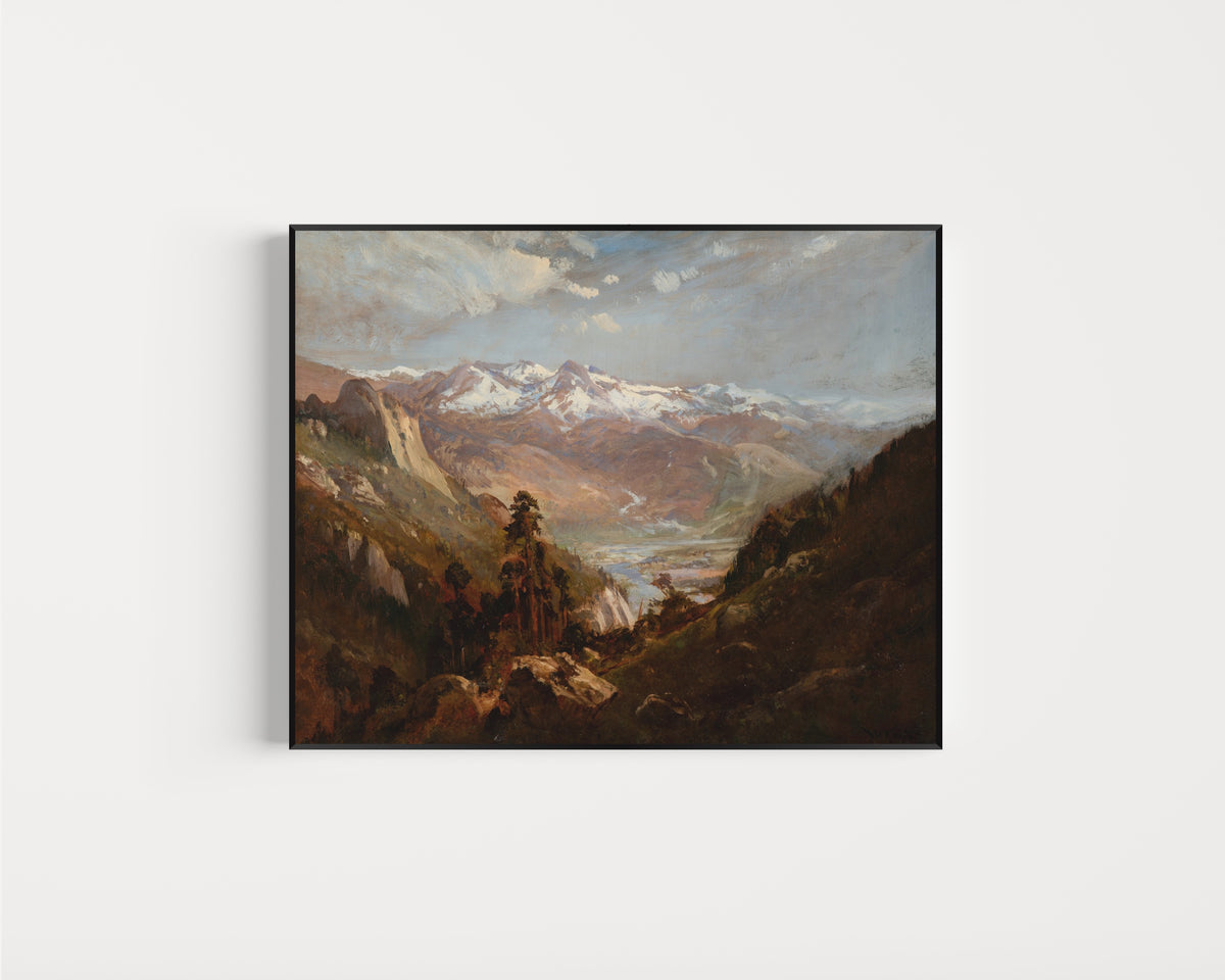 Framed art print of Snow in the Valley of Eastern Sierras by William Keith, in a slim black frame on a plain white wall